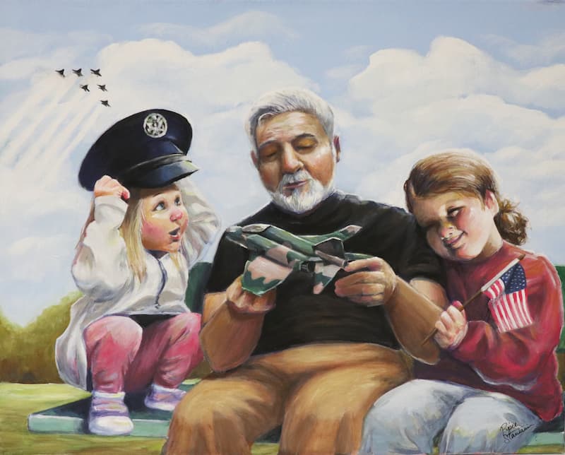 Acrylic painting of an elderly man with two young girls. He is holding a model military jet. One girl is holding an American flag, and the other is wearing his military uniform hat. There are jets in the sky flying in formation.