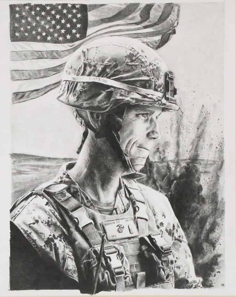 Pencil drawing of U.S. solider with American flag in the background.