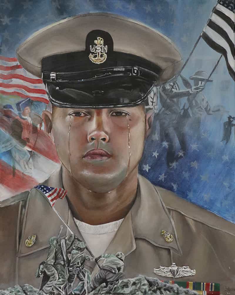 Acrylic painting of U.S. soldier with tears in his eyes, surrounded by historical scenes of American battles.