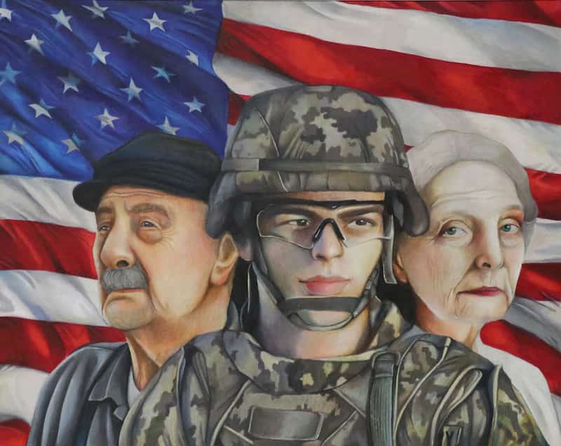 Colored pencil drawing of a solider with an elderly man and woman to his right and left, with an American flag in the background.