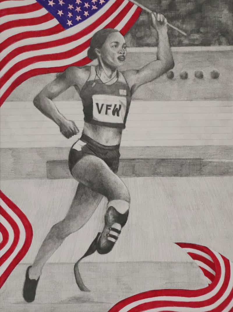 Drawing/painting of a female athlete with a prosthetic leg running with an American flag in hand with a VFW race big attached to her top.