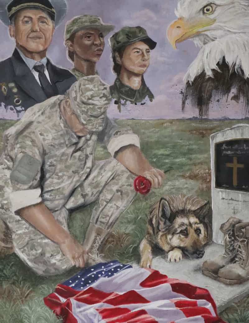 Acrylic painting of a soldier kneeling by a gravestone holding a flower. A dog, an American flag, and a pair of soldier's boots are sitting at the foot of the grave. There are depictions of an eagle and other soldiers memorialized in the sky.