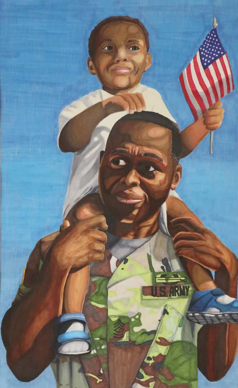 Painting of U.S. Army serviceman holding a little boy on his shoulders with an American flag in his hands.