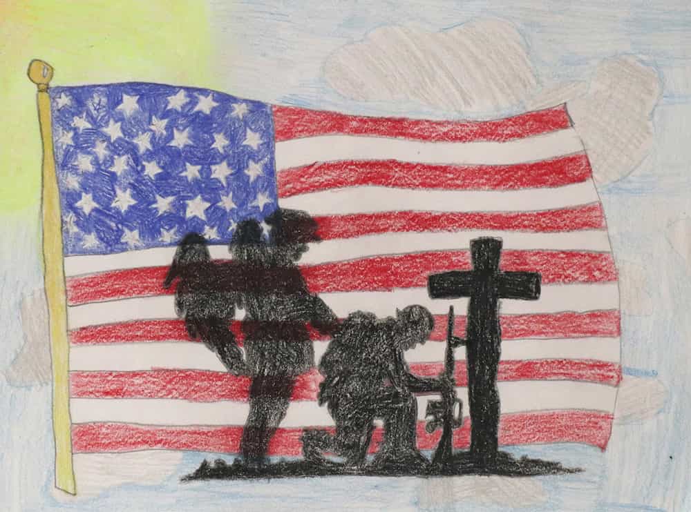 Colored pencil drawing of soldier kneeling by grave with American flag and blue sky with clouds and sun in background.